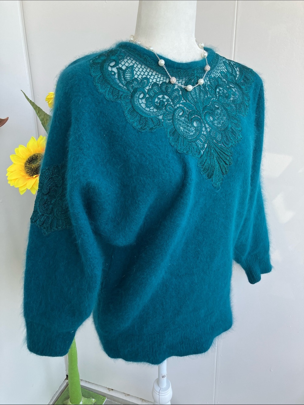Vintage 80s Soft & Fuzzy Dark Teal Dolman Sleeve Sweater with Sheer Lace Panels